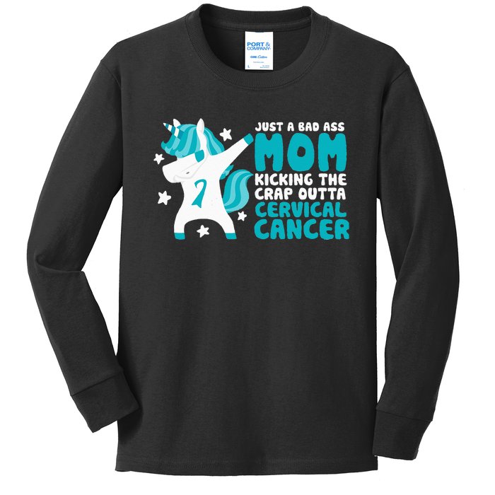 Cervical Cancer Bad Ass Mom Quote Dabbing Unicorn Funny Kids Long Sleeve Shirt