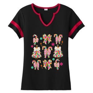 Christmas Coquette Bow Candy Santa Gingerbread Xmas Trees Ladies Halftime Notch Neck Tee