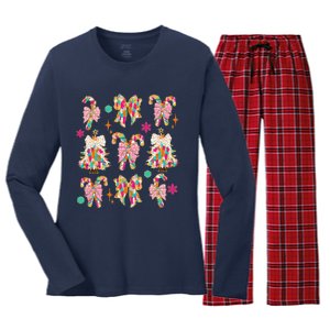 Christmas Coquette Bow Candy Santa Gingerbread Xmas Trees Women's Long Sleeve Flannel Pajama Set 