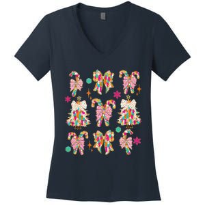 Christmas Coquette Bow Candy Santa Gingerbread Xmas Trees Women's V-Neck T-Shirt