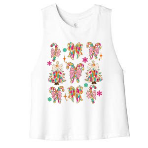 Christmas Coquette Bow Candy Santa Gingerbread Xmas Trees Women's Racerback Cropped Tank