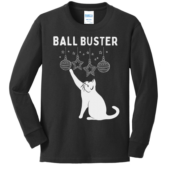 Christmas Cat Ball Buster Xmas Ornaments Funny Holiday Kids Long Sleeve Shirt