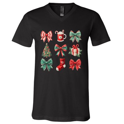 Christmas Coquette Bows Retro Xmas Season Women V-Neck T-Shirt