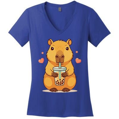 Cute Capybara Boba Tea Bubble Rodent Women's V-Neck T-Shirt