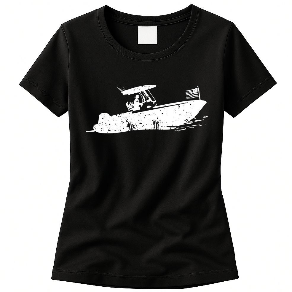 Center Console Boat, American Flag, Motorboat, Fishing Boat Womens T-Shirt