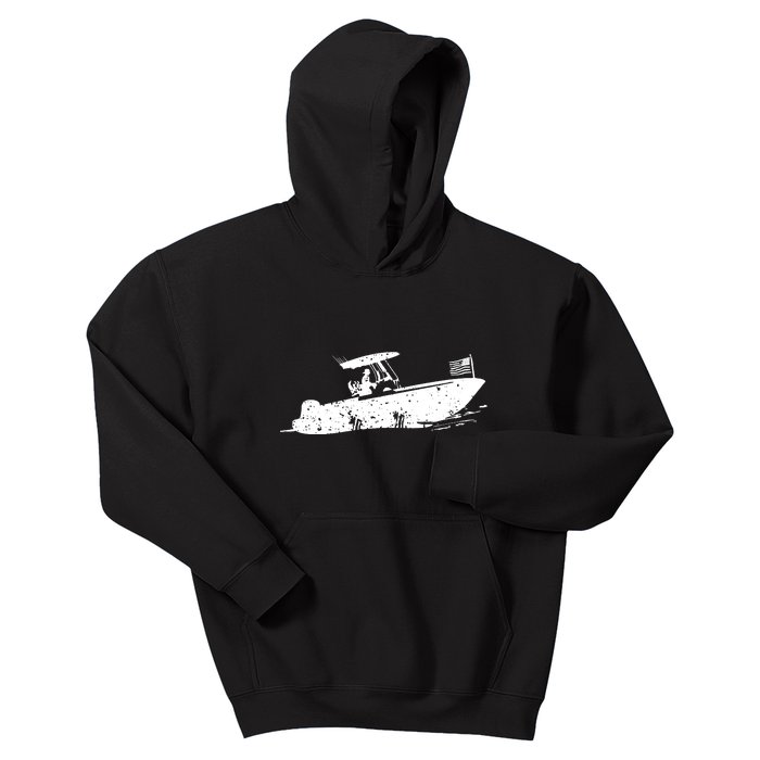 Center Console Boat, American Flag, Motorboat, Fishing Boat Kids Hoodie