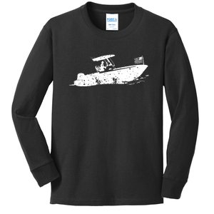 Center Console Boat, American Flag, Motorboat, Fishing Boat Kids Long Sleeve Shirt