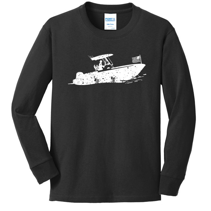 Center Console Boat, American Flag, Motorboat, Fishing Boat Kids Long Sleeve Shirt