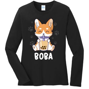 Cute Corgi Boba Bubble Tea Ladies Long Sleeve Shirt