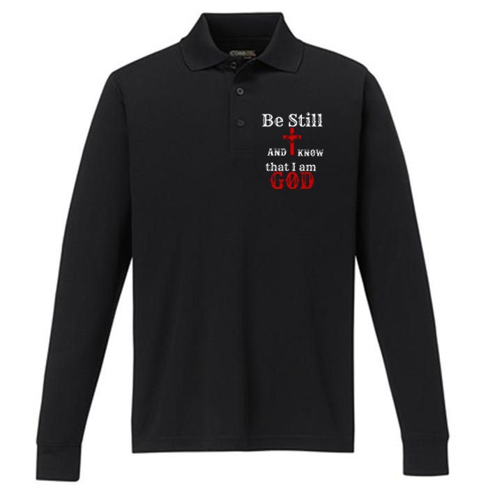 Christian Church Bible Scripture Be Still and Know I am GOD Performance Long Sleeve Polo