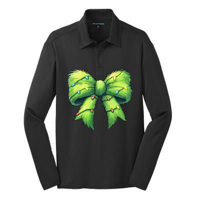 Coquette Christmas Bow Girl Women Holiday Ribbon Tree Lights Silk Touch Performance Long Sleeve Polo