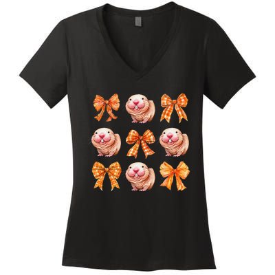 Cute Coquette Bow Naked Mole Rat Animal Halloween Girl Women Women's V-Neck T-Shirt