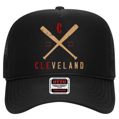 Cleveland Cle Baseball Vintage Distressed High Crown Mesh Back Trucker Hat