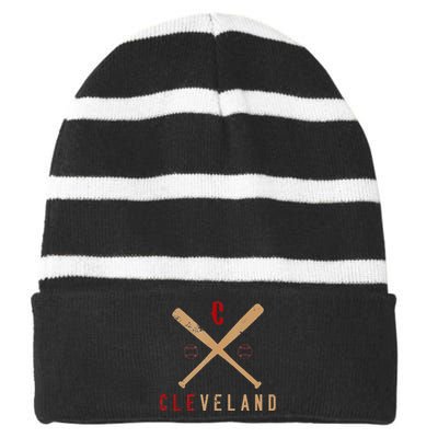 Cleveland Cle Baseball Vintage Distressed Striped Beanie with Solid Band