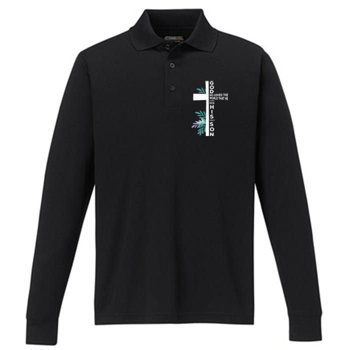 Christian Cross Bible Faith Quote John 316 Performance Long Sleeve Polo