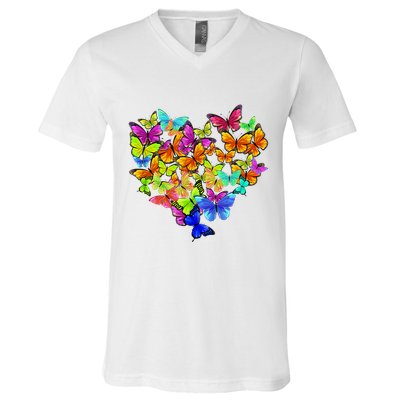 Colorful Cute Butterfly Heart Rainbow Butterflies V-Neck T-Shirt