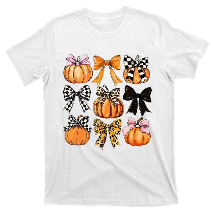 Cute Coquette Bows Pumpkin Season Halloween Autumn Fall T-Shirt