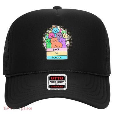 Cute Colorful Back to School Book Cats High Crown Mesh Back Trucker Hat