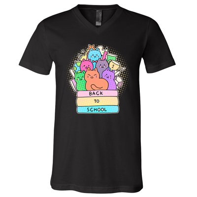 Cute Colorful Back to School Book Cats V-Neck T-Shirt