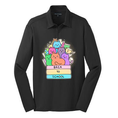 Cute Colorful Back to School Book Cats Silk Touch Performance Long Sleeve Polo