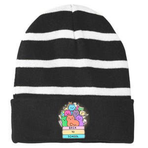 Cute Colorful Back to School Book Cats Striped Beanie with Solid Band