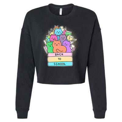 Cute Colorful Back to School Book Cats Cropped Pullover Crew