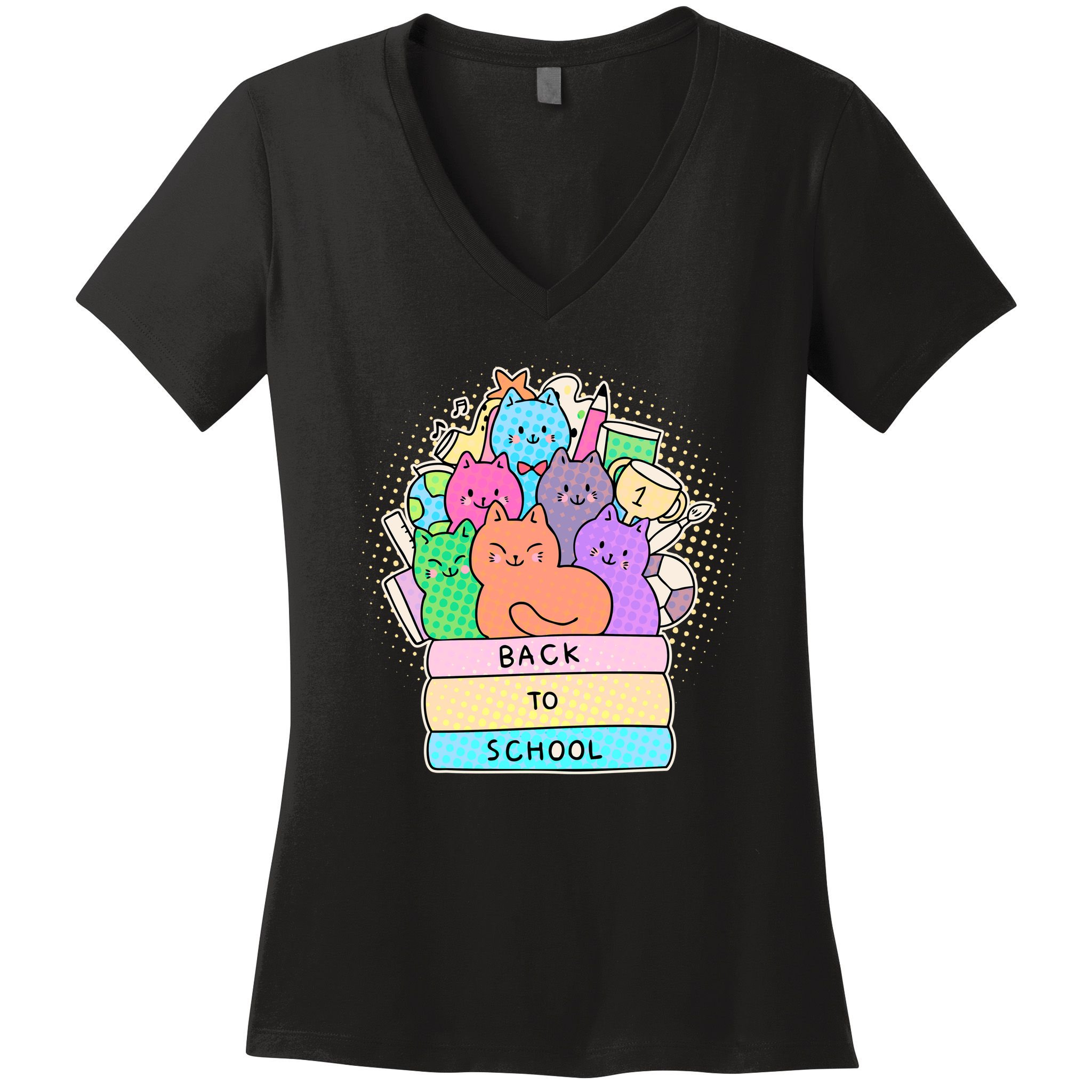 Cute Colorful Back to School Book Cats Women's V-Neck T-Shirt