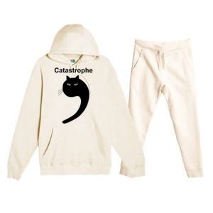 Catastrophe Comma Black Cat Funny Saying Cat As Apostrophe Premium Hooded Sweatsuit Set