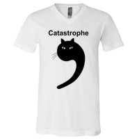 Catastrophe Comma Black Cat Funny Saying Cat As Apostrophe V-Neck T-Shirt