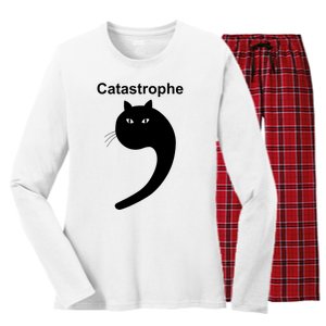 Catastrophe Comma Black Cat Funny Saying Cat As Apostrophe Women's Long Sleeve Flannel Pajama Set 