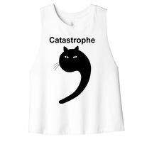 Catastrophe Comma Black Cat Funny Saying Cat As Apostrophe Women's Racerback Cropped Tank