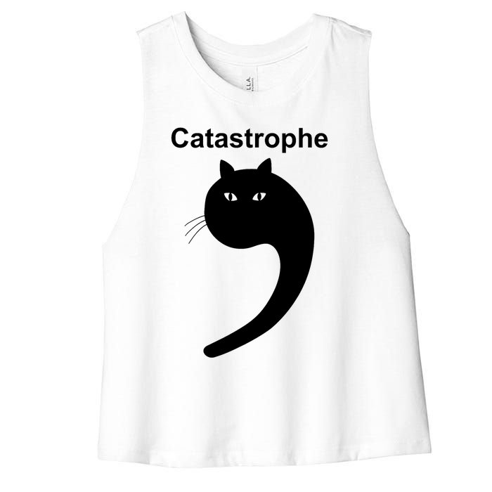 Catastrophe Comma Black Cat Funny Saying Cat As Apostrophe Women's Racerback Cropped Tank