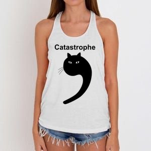 Catastrophe Comma Black Cat Funny Saying Cat As Apostrophe Women's Knotted Racerback Tank