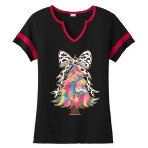 Colorful Coquette Bow Leopard Christmas Tree Ladies Halftime Notch Neck Tee