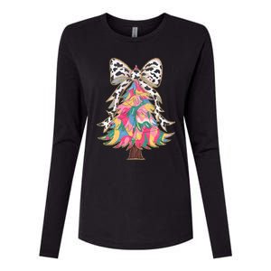 Colorful Coquette Bow Leopard Christmas Tree Womens Cotton Relaxed Long Sleeve T-Shirt