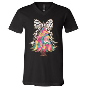 Colorful Coquette Bow Leopard Christmas Tree V-Neck T-Shirt