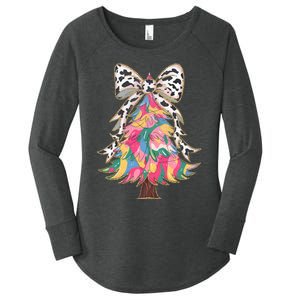 Colorful Coquette Bow Leopard Christmas Tree Women's Perfect Tri Tunic Long Sleeve Shirt