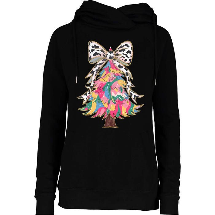 Colorful Coquette Bow Leopard Christmas Tree Womens Funnel Neck Pullover Hood