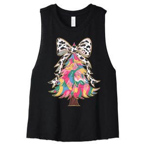 Colorful Coquette Bow Leopard Christmas Tree Women's Racerback Cropped Tank