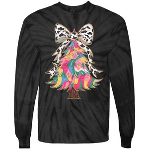 Colorful Coquette Bow Leopard Christmas Tree Tie-Dye Long Sleeve Shirt