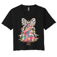 Colorful Coquette Bow Leopard Christmas Tree Women's Crop Top Tee