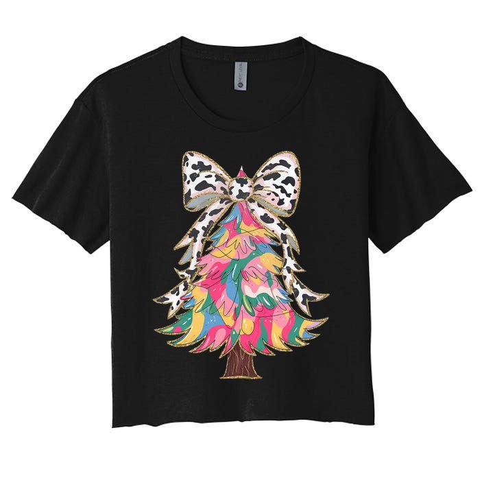 Colorful Coquette Bow Leopard Christmas Tree Women's Crop Top Tee