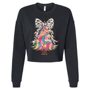 Colorful Coquette Bow Leopard Christmas Tree Cropped Pullover Crew