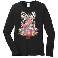 Colorful Coquette Bow Leopard Christmas Tree Ladies Long Sleeve Shirt