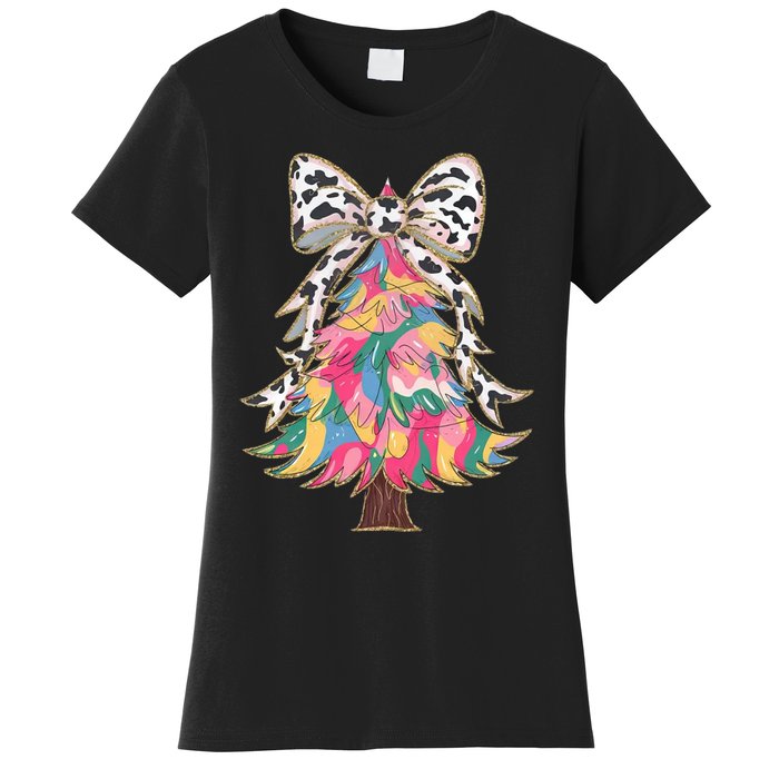 Colorful Coquette Bow Leopard Christmas Tree Women's T-Shirt