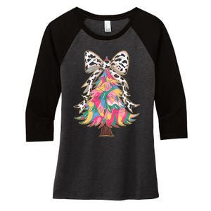 Colorful Coquette Bow Leopard Christmas Tree Women's Tri-Blend 3/4-Sleeve Raglan Shirt