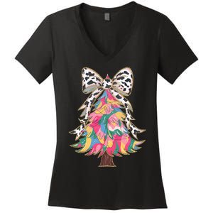 Colorful Coquette Bow Leopard Christmas Tree Women's V-Neck T-Shirt