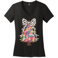 Colorful Coquette Bow Leopard Christmas Tree Women's V-Neck T-Shirt