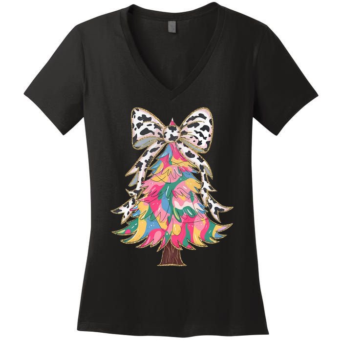 Colorful Coquette Bow Leopard Christmas Tree Women's V-Neck T-Shirt