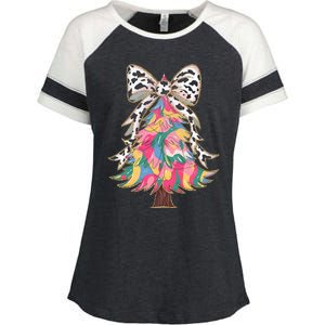 Colorful Coquette Bow Leopard Christmas Tree Enza Ladies Jersey Colorblock Tee